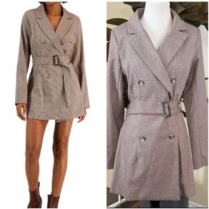 Kit & Sky Junior’s Plaid Blazer Belted Waist Brushed Woven Houndstooth Dress L